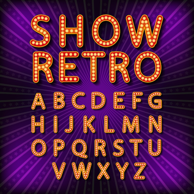 Set Retro neon alphabet typography