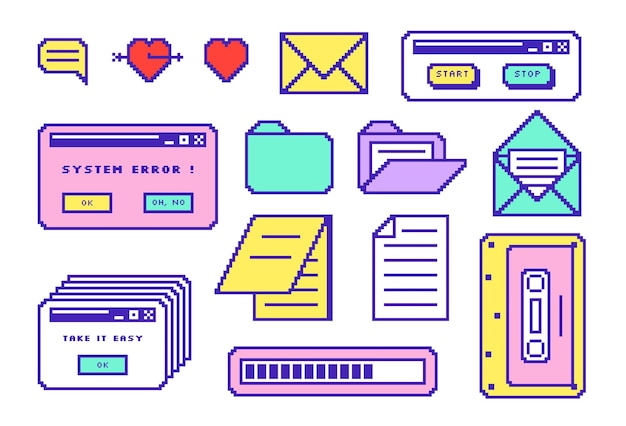 Set of retro pc elements Old user interface window 90s retrowave style Retro message box with buttons Vector illustration of UI and UX