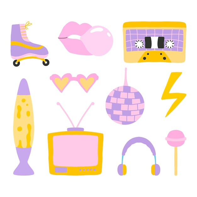 Set of retro stickers Collection of elements in the style of the 60s 70s Vector illustration Clip art in retro style Retro objects Cassette rollers disco ball lollipop TV