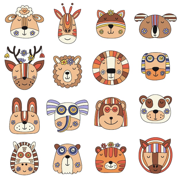 Set of retro stylized animal faces icons Vector illustration