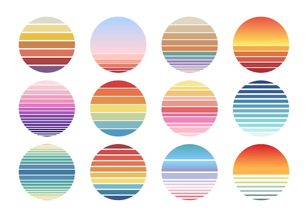 Set of retro sunset and sunrise with colorful background