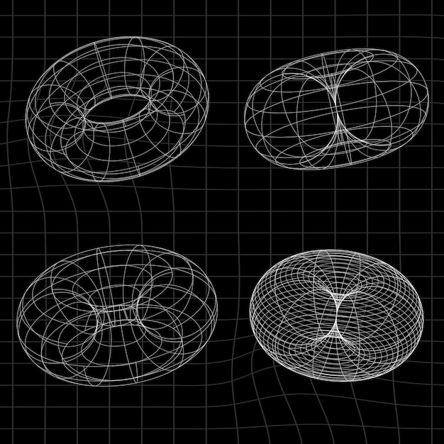 Set of retrofuturistic design elements Collection of perspective grids tunnels in cyberpunk 80s