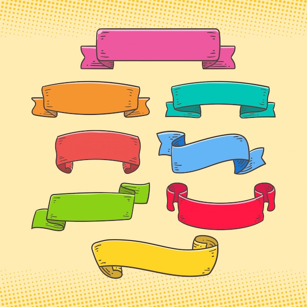 Set of ribbon banner doodle colorful style