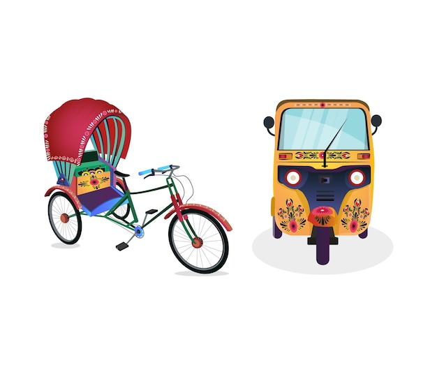 Set of rickshaw and tuktuk on white background Front Side