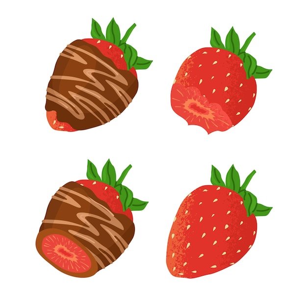 Set of ripe strawberries with green leaves isolated on a transparent background The berry covered with chocolate glaze is whole and bitten Bright summer illustration for fruit shops Vector