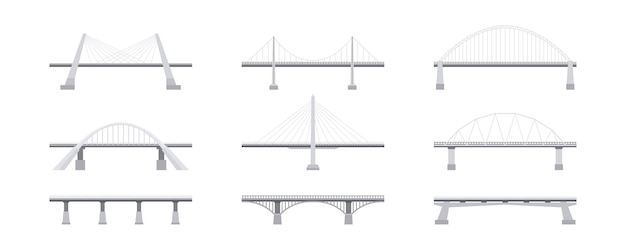 Set of road bridges. Collection of different types of bridges. Architectural connecting structures.