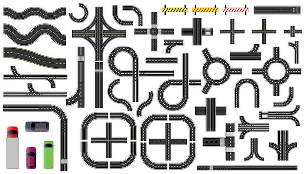 Set of road parts with dashed line roadside marking intersections junction and crosswalk