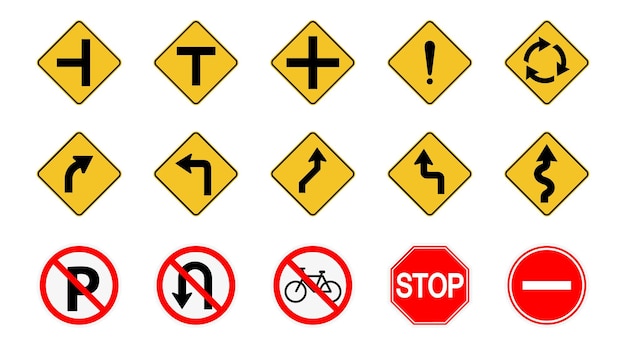 Set of Road Signs arrow caution or danger sign direction icon and information