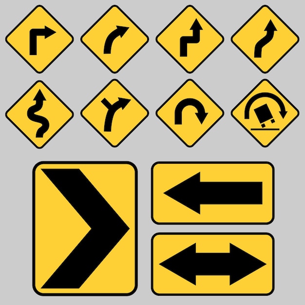 Set of road signs W1 isolated on gray background