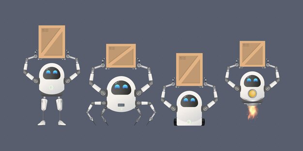 A set of robots that lift boxes. Cargo delivery concept. Isolated. Vector illustration.