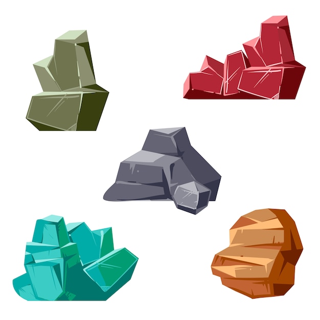 Set of rocks and crystals. Cartoon isometric 3D flat style