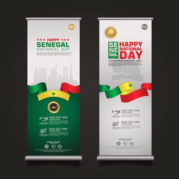 Set roll up banner Senegal happy Republic Day template with elegant ribbon-shaped flag