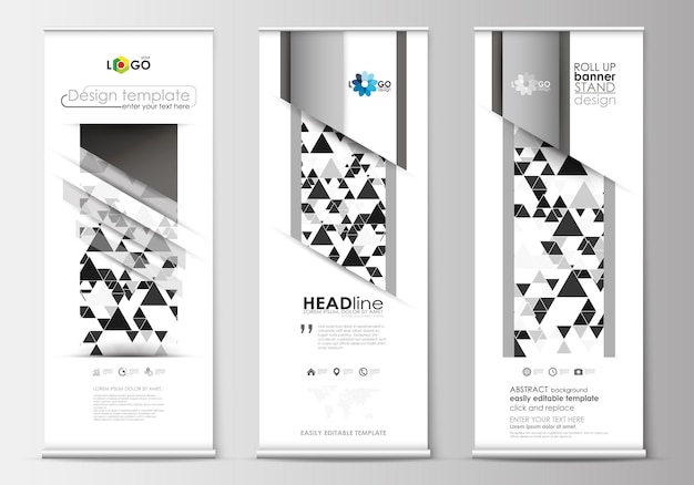 Vector set of roll up banner stands, flat design templates, geometric style