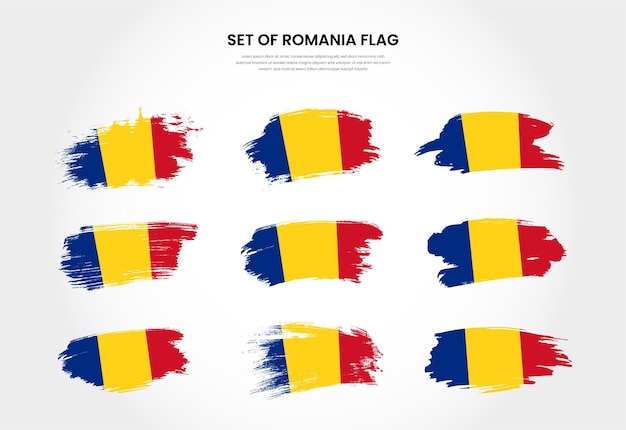 Set of Romania country grunge brush stroke flags collection