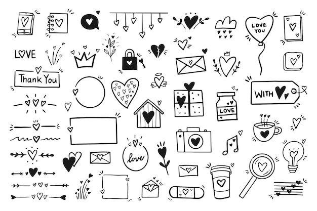 Set of romantic cute vector icon in doodle design. Lettering, Headers, lines, frames, hearts, flower, gift and other. Valentine's day characters and illustrations.