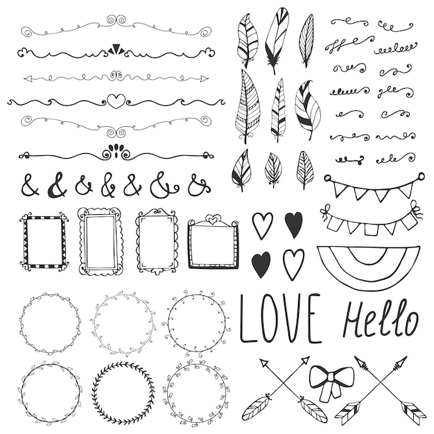 Set of romantic decor elements Hand drawing style sketchy vintage vector Weddings Valentines day birthday design templates invitations