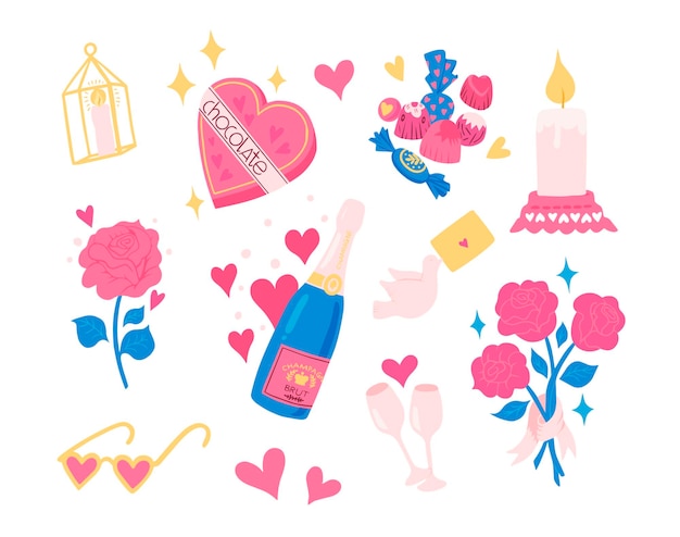 Set of romantic elements Flowers hearts and other items Vector illustration for stickers or prints