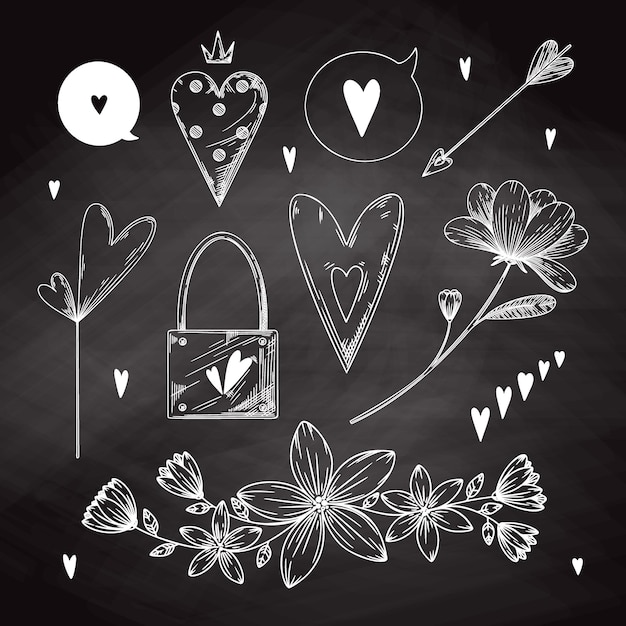 Set of romantic hand drawn elements Different hearts flowers and other different elements Handdrawn sketch vector illustration