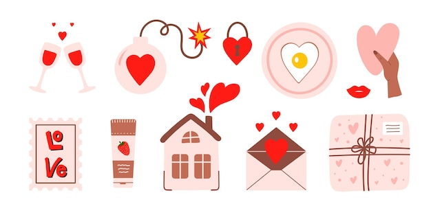 Set of romantic icons for Valentines Day isolated on a white background