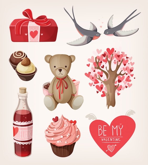 Set of romantic items for valentine day. Isolated  illustrations