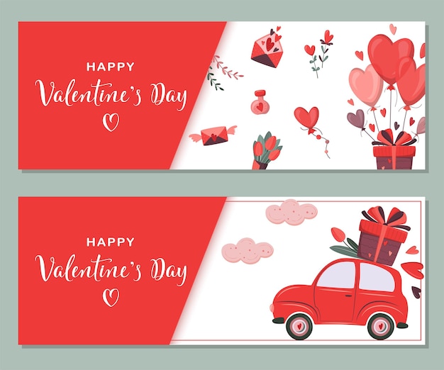 Set of romantic template of horizontal banner for Valentines Day with retro car delivering flower