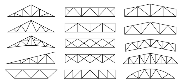 Set of roof metal trusses constructions Icons of Roofing steel frames Vector architectural blueprint