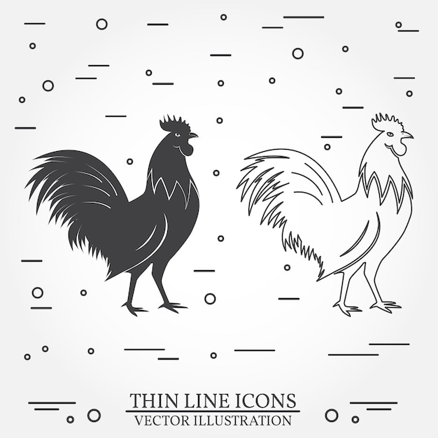 Set of rooster silhouette and thin line icons