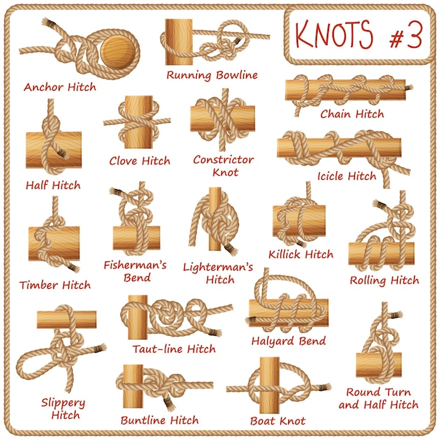 Set of rope knots hitches bows bends