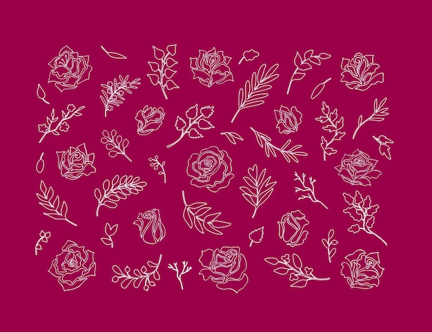 Set of rose flowers and buds leaves and twigs Collection of floral vignettes in original line style