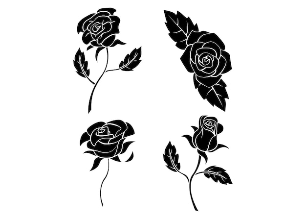 Set roses flowers isolated on white background Roses silhouettes collection