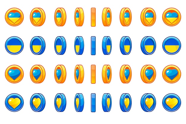 Set of rotating coins of Ukraine with heart for animation The coin rotates in the colors of the Ukrainian flag for game design