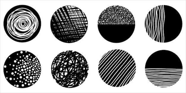 Set of round Abstract black Backgrounds or Patterns Hand drawn doodle shapes Spots drops curves Lines Contemporary modern trendy Vector illustration Posters Social media Icons templates