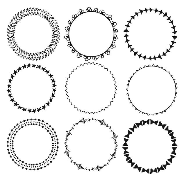 Set of round doodle frames isolated on white background.