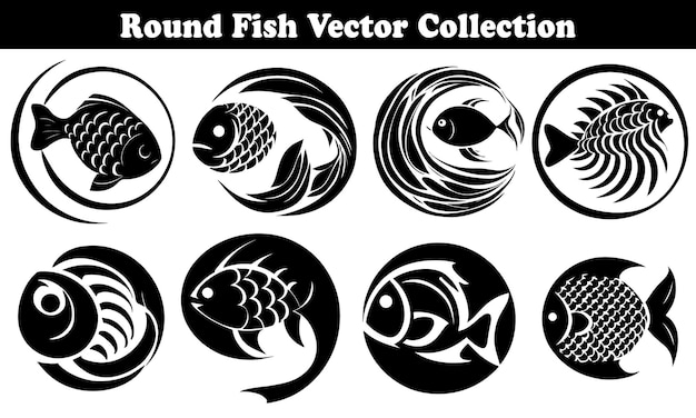 Set of round fish silhouette in line art style for website and graphics design