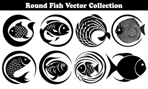 Set of round fish silhouette in line art style for website and graphics design