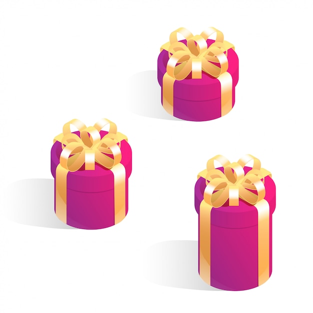 Set of round gift boxes. Isometric vector icons isolated