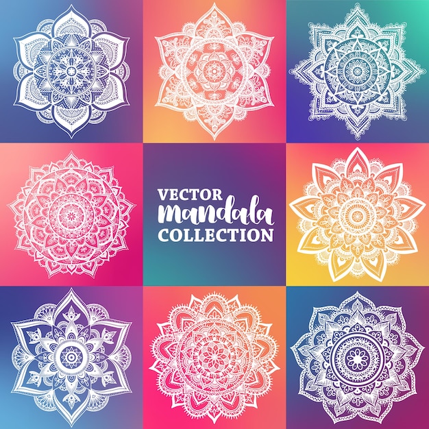 Set of round gradient mandala on colorful background. Vector hipster mandala in green, red, blue, violet and pink colors. Mandala with floral patterns. Yoga template.