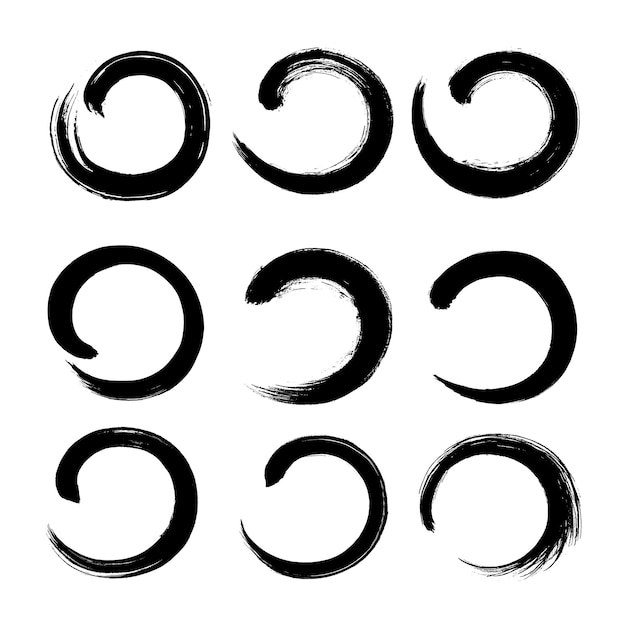 Set of round Ink stroke. Shape, frame, background isolated on white. Grunge splatter dirt, stain