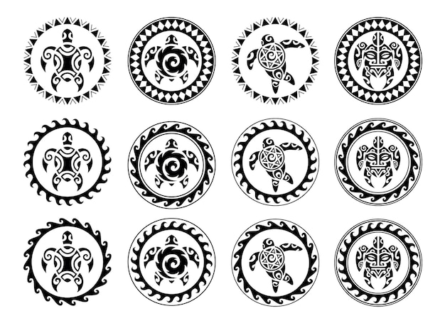 Set of round Maori tattoo ornament with sea turtle African maya aztec ethnic tribal style