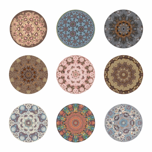 Set of round ornaments. Nine mandalas. Vector.