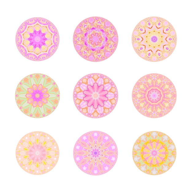 Set of round ornaments. Nine mandalas. Vector.