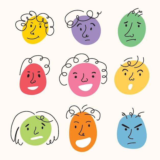 Set of round smiley faces with variants of different emotions Comical cartoon characters