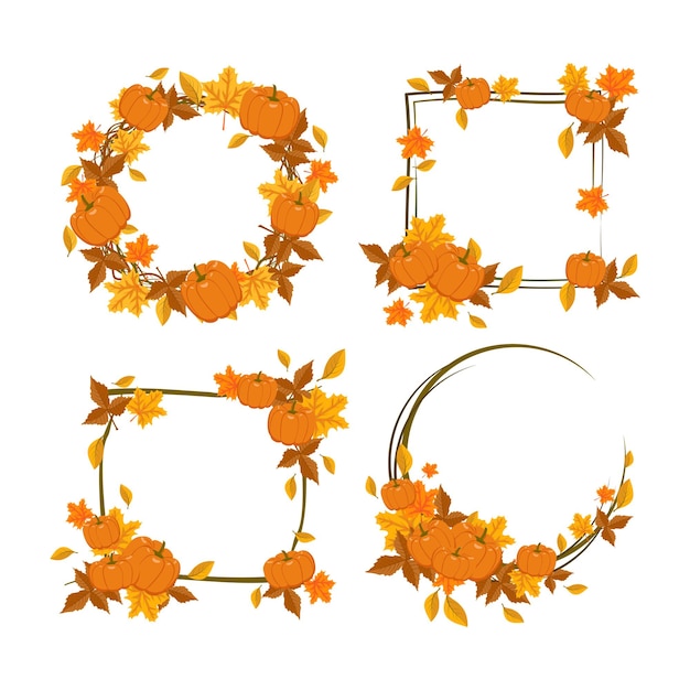 Set of round and square frames with orange and yellow maple leaves and pumpkins