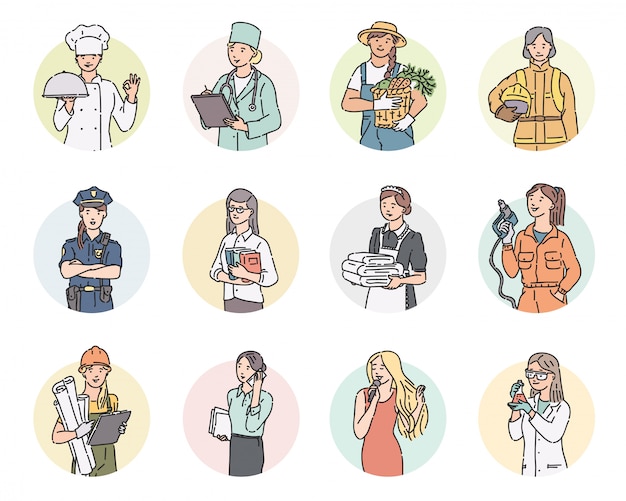 set round women different professions. Labor Day people illustration in line art style in professional uniform.