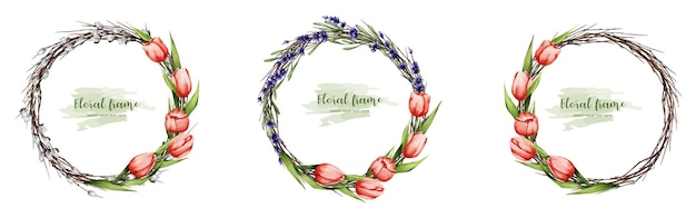 Set of round wreaths vignettes from branches tulips willow lavender