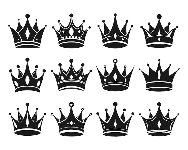 Set of royal crowns Collection of black silhouettes of crowns on a white background Vector