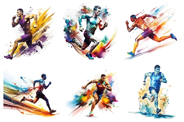 Vector set of running athlete watercolor paint ilustration