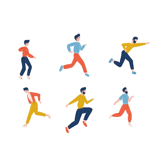 Set of running men in casual clothes. Young male jogging. Young male character run, sport walk runner flat   illustration.