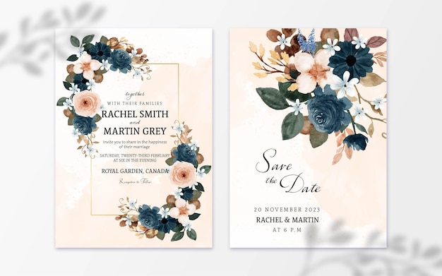 Set of Rustic Blue Watercolor Flower With Abstract Background Wedding Invitation