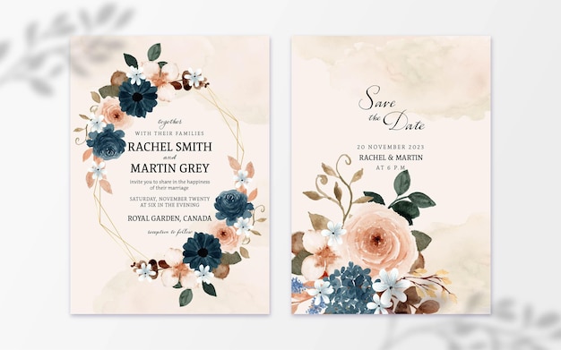 Set of Rustic Blue Watercolor Flower With Abstract Stain Wedding Invitation